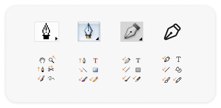 A comparison of four pen tool icons. The first three from left: Illustrator 5.0, Illustrator 10, Illustrator CS5, and Illustrator mobile. Each column features a distinct pen nib icon, with the first three accompanied by smaller icons representing related tools like selection, text, paintbrush, and eyedropper.