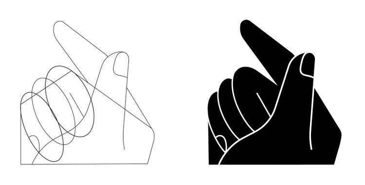 Two line drawings of the same hand on a white background. The one on the left is outlined in black and the one on the right is outlined in white and filled with black.