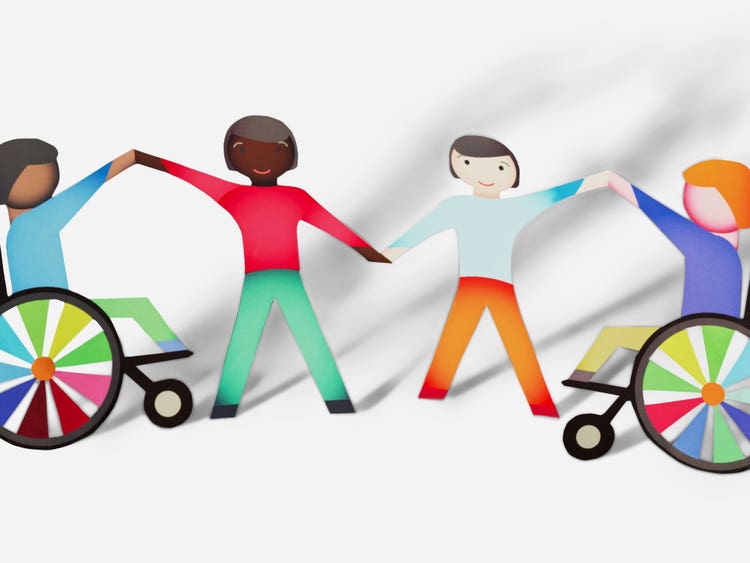 An illustration of four children holding hands done in a cut-paper style. From left: A brown skinned, brown-haired boy wearing a blue shirt and green pants is seated in a wheelchair with a wheel of rainbow spokes. He's holding the hand of a Black girl with short black hair wearing a red top and green pants. She's holding the hand of a white girl with short brown hair wearing a light blue shirt and orange pants. She's holding the hand of a red-haired boy wearing a purple shirt and yellow pants seated in a wheelchair with a wheel of rainbow spokes.