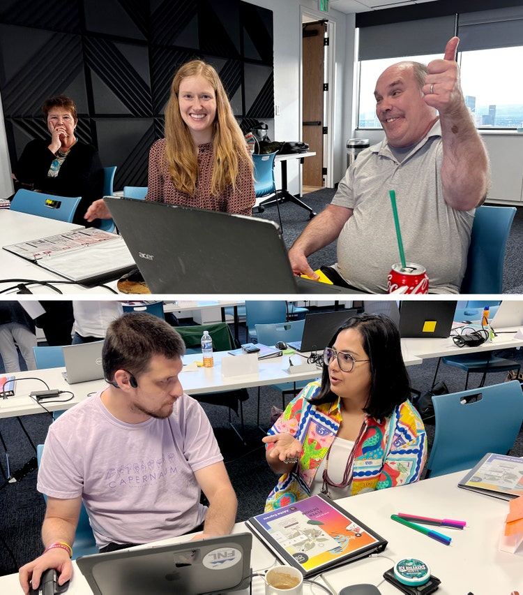 Two photographs. Top: Two women and a man (giving a thumbs up) are all sitting at a confernce table with notebooks and a laptop in front of them. Bottom: A man and a woman seated at a conference table are talking with a laptop computer and a notebook in front of them.