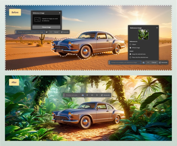Two stacked images showing the before and after of a photo editing process. In the Before image (top) a silver classic car is parked on a desert road with cacti and mountains in the background. The editing interface displays two panels: one for choosing a reference image and another showing a lush green forest scene as the reference. The car is outlined with a dotted selection border, indicating that the area around it should be modified. In the After image the same car is now in a vibrant jungle setting with dense tropical foliage, sunlit leaves, and dappled light on the ground. The editing toolbar shows options for confirming or adjusting the applied transformation.