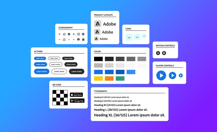 Three rows of UI elements on a blue-to-purple gradient background.. Top row: iconography (check mark, play button, lock); product lockups (Adobe logo alongside the word Adobe); logo sizing (large, medium, small). Middle row: action buttons (in blue with white text, white with black text, black with white text); color (grey scale from black to white, blues, yellow, orange, green); motion controls (play and stop buttons); player control sizing (large, medium,. small play buttons). Bottom row: QR code mobile store icons; typography (sizing for headings from extra smal to extra large)