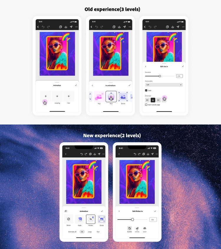Two screenshots of the animation panels from Adobe Express on mobile (on top, the Old experience and beneath it, the New experience). The Old experience shows three panels, each a progression of the one before it, which enables people to make increasingly detailed selections. The new version has all the information in two panels (people make their animation selection in the first panel and their settings in the second).