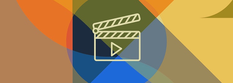 A film clapperboard, drawn in pale yellow, with a play button is centered on a background of overlapping geometric shapes in orange, yellow, blue, green, and brown.
