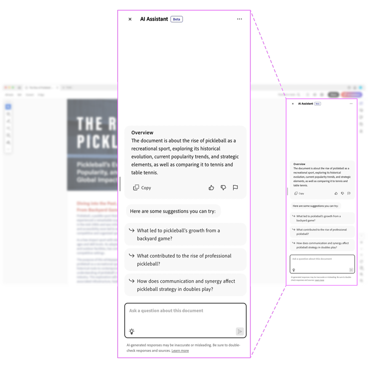A blurry screenshot of a document open in Adobe Acrobat's viewer. Superimposed over it is exploded view of the right-side panel showing AI Assistant's overview and sample questions.
