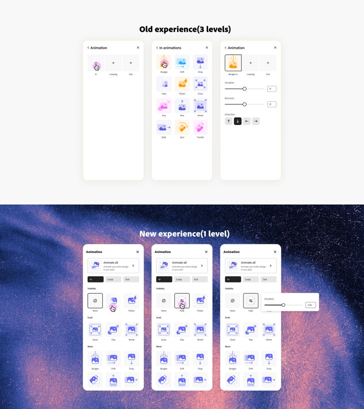 Two screenshots of the animation panels from Adobe Express on the web (on top, the Old experience and beneath it, the New experience). The Old experience shows three panels, each a progression of the one before it, to enable people to make increasingly detailed selections. The New experience has all information in a single panel, so every animation preset and setting is available on a single level.