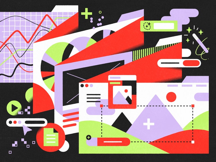 A digital illustration of stylized charts, graphs, wireframes, and familiar UI and tool icons (buttons, bars, arrows, bounding boxes) in red, purple, and green on a black background.