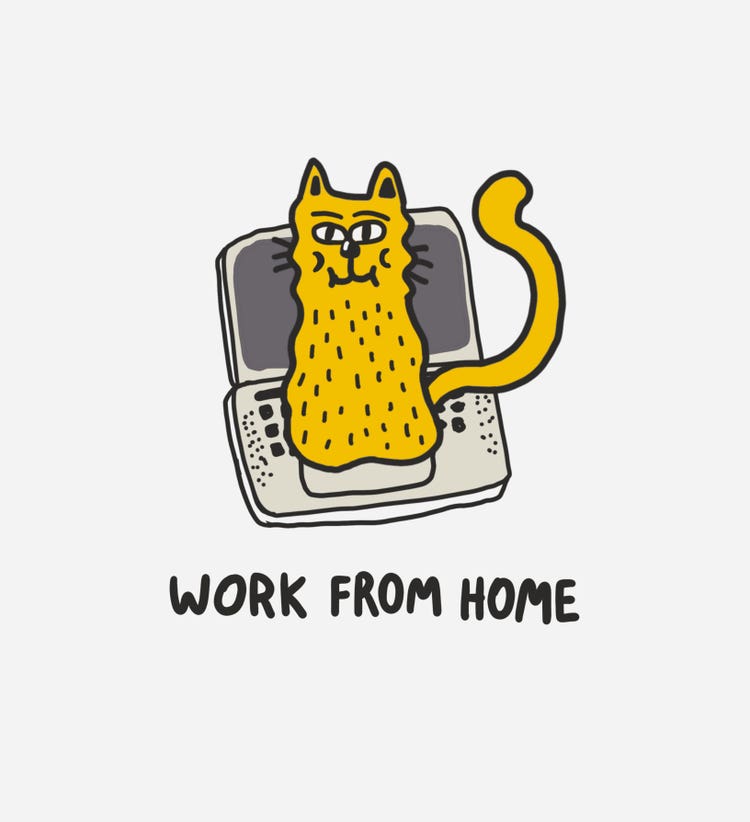 An illustration of a cat sitting on a laptop keyboard with the caption Work from Home.