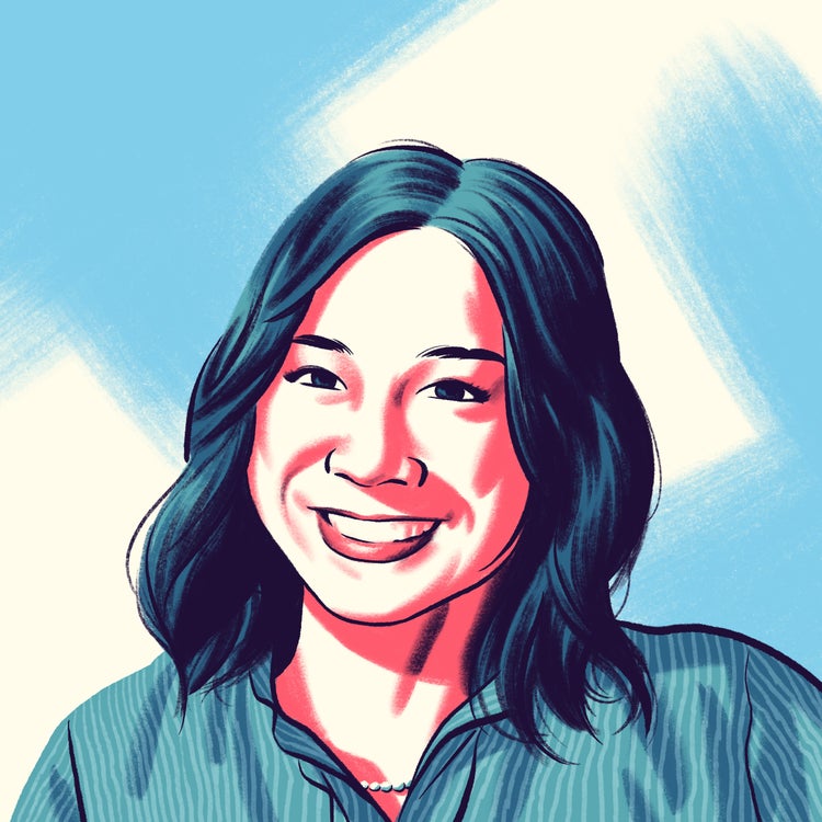A cartoon-style illustration of an Asian woman with dark, shoulder-length hair wearing a blue and white striped button-down shirt open at the collar.