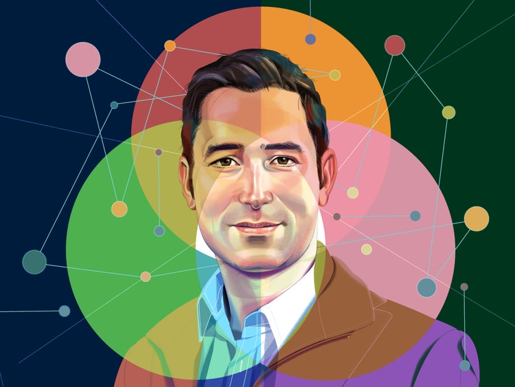 A digital portrait of a white man with dark hair wearing a brown sport coat over a white button-down shirt centered on a midnight blue background. The portrait is overlaid by large transparent interlocking circles of multiple hues of green, pink, and orange that are connected by angular lines to much smaller circles of the same colors surrounding the portrait.