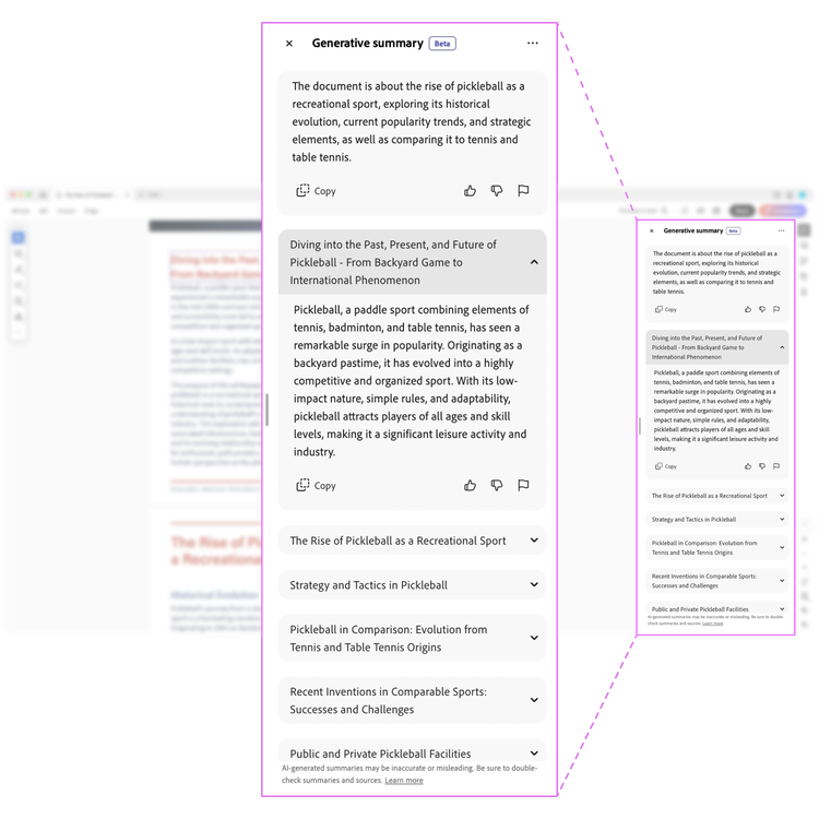 A blurry screenshot of a document open in Adobe Acrobat's viewer. Superimposed over it is an exploded view of the right-side panel showing Generative summary's one-click summary of the document's key sections.