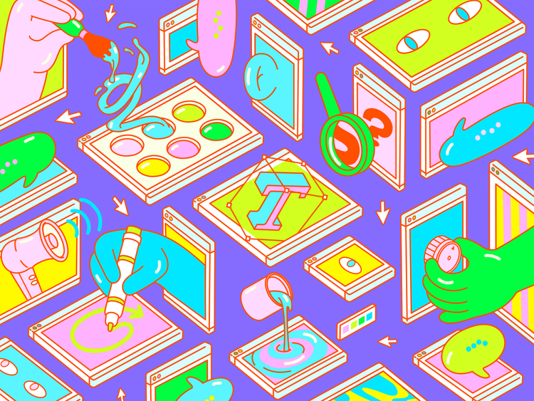 A pink, yellow, teal, and lime green illustration of squares and rectangles on a purple background. From three of the rectangles emerge a pink hand holding dipping a brush into a palette of paint, a blue hand drawing a circular line with a pen, and green hand turning a knob. More rectangles and squares with speech bubbles, pairs of eyes, an ear, a megaphone, and a capital T in a bounding box.