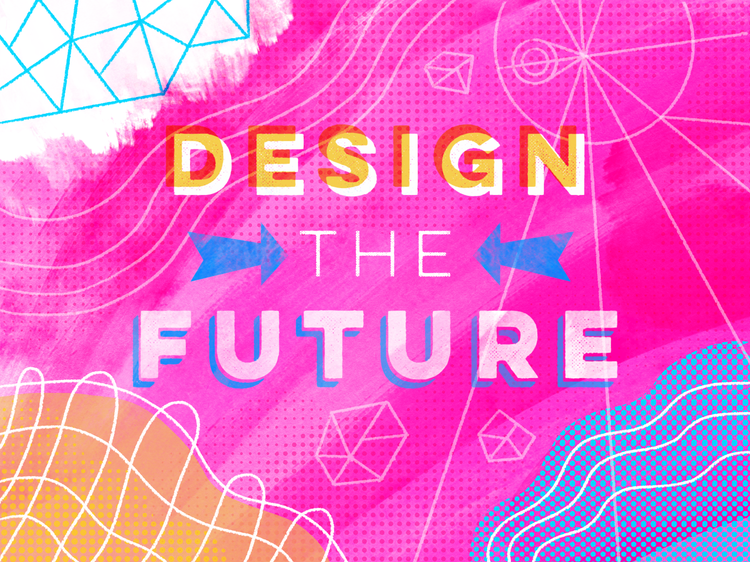 "Design the future" written in yellow white and blue in all caps sans serif type on a mostly pink background (with blocks of white, orange, and blue in the corners). Wavy white lines and shapes fill the spaces behind the words.