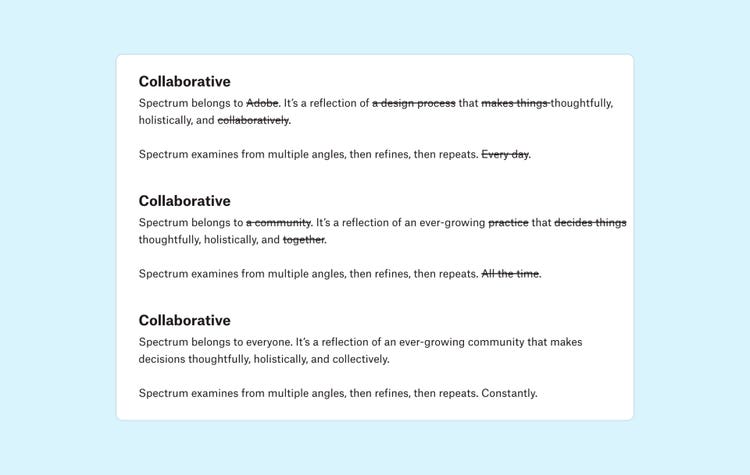 A white square with three paragraphs of black type, some with strikethrough text, each under a "Collaborative" heading on a light blue background. The first paragraph reads: Collaborative: Spectrum belongs to Adobe. It's a reflection of a design process that makes things thoughtfully, holistically, and collaboratively. Spectrum examines from multiple angles, then refines, then repeats. Every day. ("Adobe," "a design process," "makes things," "collaboratively," and "Every day" are striked and marked for deletion.) The second paragraph reads: Collaborative: Spectrum belongs to a community. It's a reflection of an ever-growing practice that decides things thoughtfully, holistically, and together. Spectrum examines from multiple angles, then refines, then repeats. All the time. ("a community," "practice," "decides things," "together," and "All the time" are striked and marked for deletion). The third paragraph reads: Collaborative: Spectrum belongs to everyone. It's a reflection of an ever-growing community that makes decisions thoughtfully, holistically, and collectively. Spectrum examines from multiple angles, then refines, then repeats. Constantly.