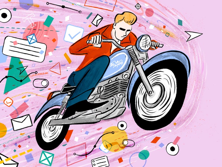 A cartoon-style illustration of a short-haired man wearing jeans riding a motorcycle against a pink background filled with abstract icons and shapes, including envelopes, checkmarks, arrows, and geometric figures.