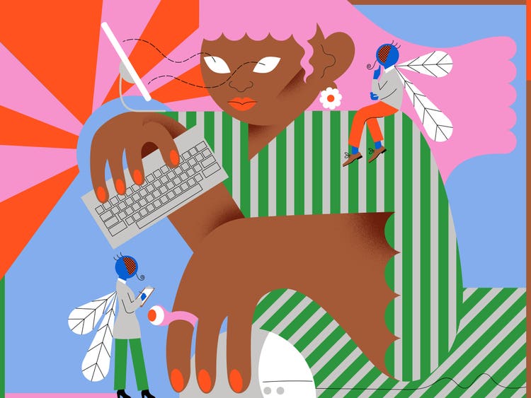 An illustration of a pink-haired, dark-skinned woman wearing a striped green blouse is carrying a keyboard and dragging a computer mouse. There are two flies. One fly is on the ground holding a clipboard, while the other is on her shoulder, in a thinking pose. The three figures are displayed on a light blue background.