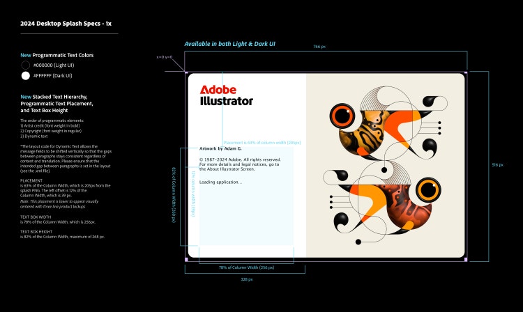 White text (left) and a single splash screen for Adobe Illustrator (right) on a black background. The text consists of a title, "2024 Desktop Splash Specs - 1x" in the top left corner. Underneath the title are two subsections: the first is titled "New Programmatic Text Colors" and underneath it are a filled black circle alongside "#000000 (Light UI)," and a filled white circle alongside "#FFFFFF (Dark UI)"; the next is titled "New Stacked Text Hierarchy, Programmatic Text Placement, and Text Box Height" with instructions for the order of programmatic elements (artist credit, copyright, dynamic text), the placement of content, and text box width and height. The left side of the splash screen is white with the heading "Adobe Illustrator." Under the product name it reads, "Artwork by Adam G, 1990-2024 Adobe. All rights reserved. For more details and legal notices go to the About Illustrator Screen. Loading application." On the right are two very stylized goldfish (the top one facing left and the bottom one facing right) in swirling colors of orange, black, and tangerine on a tan background. Above the splash screen are blue dimension lines showing the measurements for the width and height of the splash screen and the placement of text and images.