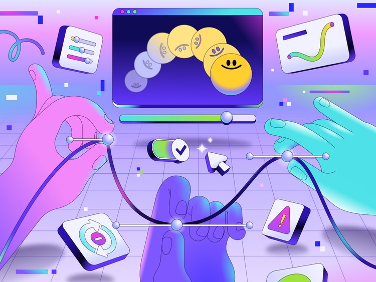 An illustration with three hands (left lavender, middle purple, right teal) in the foreground using handles to adjust a bezier curve path. Behind them are floating interface elements, including sliders, toggle switches, and charts and a central screen suggesting an animation sequence with seven smiley faces transitioning from lavender to bright yellow,. The background is a purple-to-pink gradient grid with scattered with confetti-sized geometric shapes.