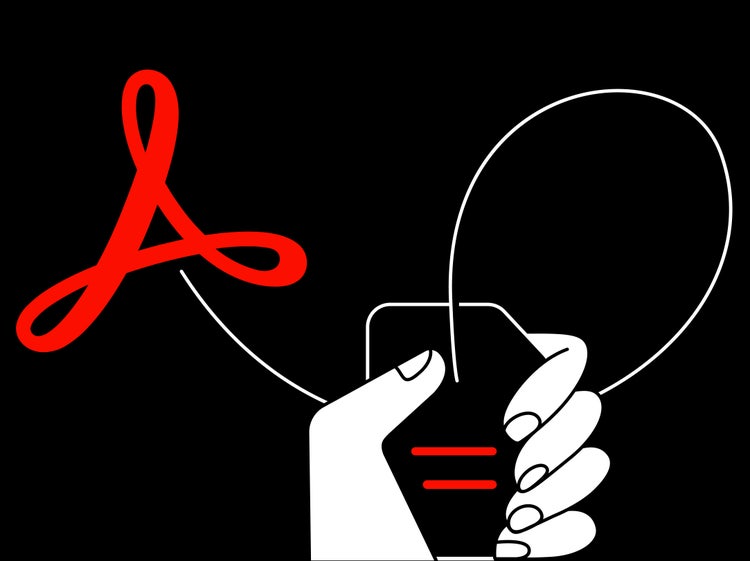 A simple linear illustration (red and white on a black background) of a white hand clutching a black document-shaped icon which is connected to Document Cloud's iconic red trefoil knot by a white looping