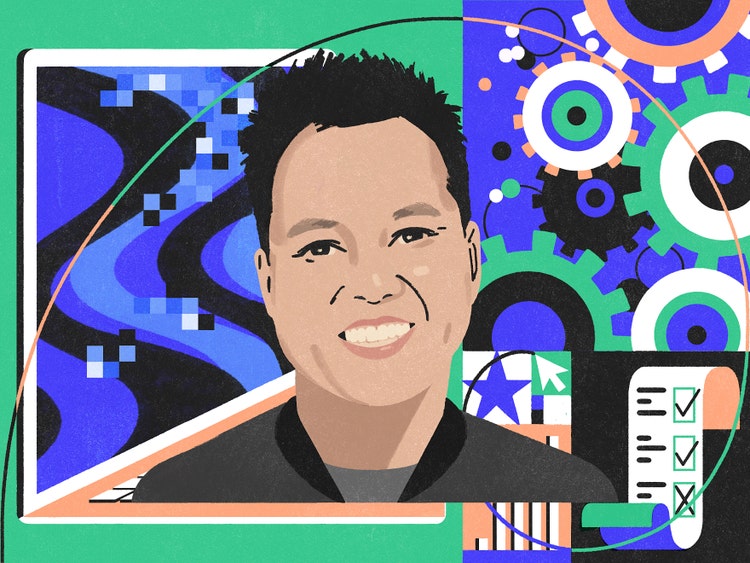An illustrative portrait of an Asian man with short dark hair and a big smile. He's wearing a gray T-shirt underneath a black jacket. The green background is covered with gears, a computer screen, and a checklist in white, blue, black, and green.