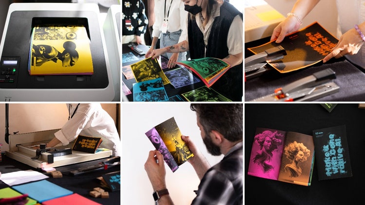 Two rows of three photographs. Top row from left to right: A printer printing in grayscale on yellow paper a woman in profile, wearing dark glasses, a high-necked tunic, and her hair in a high bun; two people sorting through printed greyscale images on green, pink, yellow, blue, and orange paper; two hands holding and stapling orange paper with greyscale printing on it. Bottom row from left to right: In the foreground are stacks of orange, blue, and pink paper and in the background is a person trimming the pages of a hand-made zine; a white man with dark hair and a beard is inspecting the zine printing; two interior pages (left) and the cover (right) of a zine, the interior pages are of the same image (a woman in partial front view with clouds for hair), printed in grayscale on pink (left) and orange (right) paper and the cover, also printed in greyscale (on blue paper) reads Make It with Generative AI.