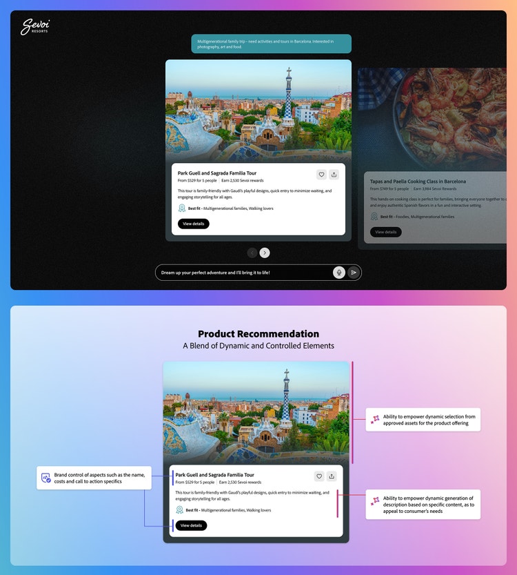 Two screenshots of web interfaces. The top screenshot is dark-themed webpage with a product recommendation for Park Guell and Sagrada Familia Tour and, greyed-out and to the right, a Tapas and Paella Cooking Class in Barcelona. The bottom screenshot is of the same webpage but with a light gradient background and the title, "Product Recommendation: A Blend of Dynamic and Controlled Elements." It includes annotations explaining the ability to easily control brand elements, asset selection, and design elements, and descriptions.