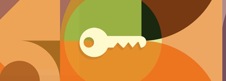 A pale yellow key icon is entered on an abstract background of overlapping circles and angular shapes in warm tones of orange, brown, and green.