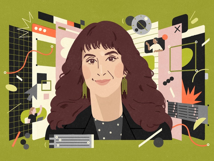 An illustrative portrait of a white woman with long dark hair. She's wearing a black V-neck sweater over a gray T-shirt with white polka dots and dangly olive green earrings. The background is the same olive green as her earrings with charts, graphs, notebook pages, and people in speech bubbles in shades of pink, off-white, and black.
