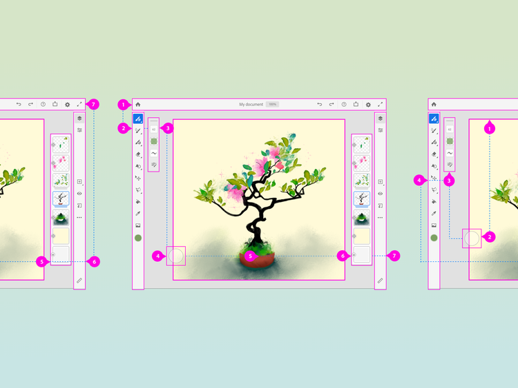 Fresco's main editing space with tools labeled following an established top-down-left-to-right sequence; in the background a drawing of a potted camellia with a dark trunk, green/teal leaves, and pink flowers.
