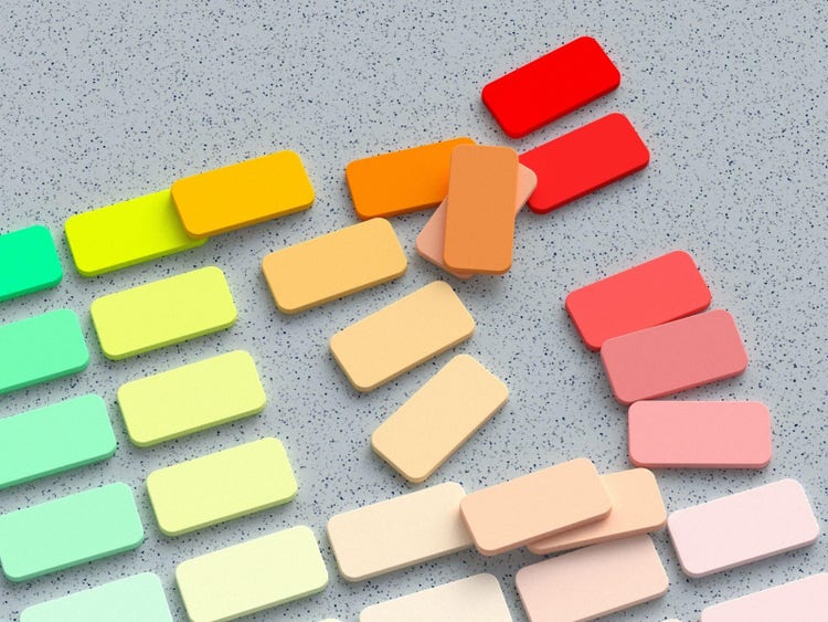Rectangular color ships organized into columns and rows on the left become disorganized and scattered over the next three rows. , Picture