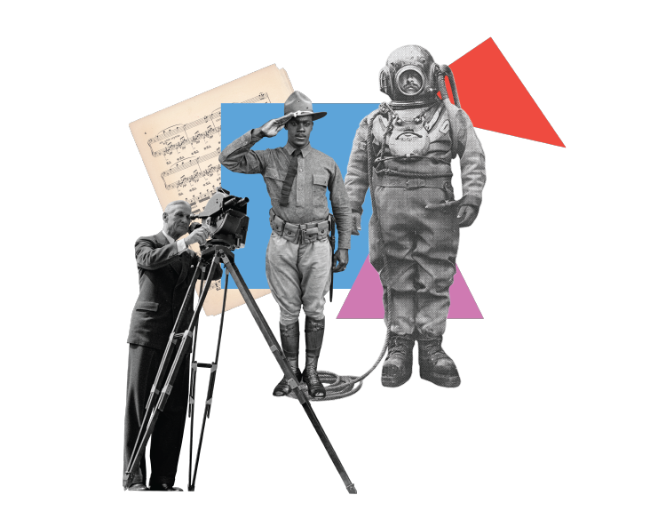 Black-and-white photographs of a white man in a suit looking through the viewfinder of a camera on a tripod, a Black man in uniform saluting, and an underwater diver standing at attention are at the center of a collage consisting also of a yellowed sheet of music, a blue square, a pink triangle, and a red triangle