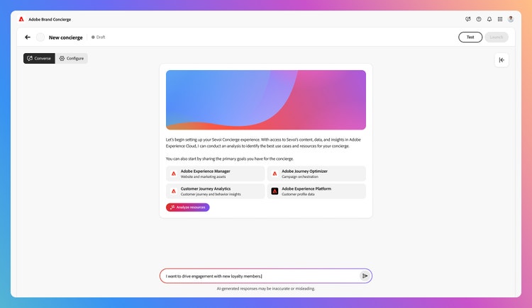 A screenshot of the Adobe Brand Concierge "New concierge" interface with a colorful blue-to-purple-to-pink gradient banner at the top and a brief description and four selectable options: Adobe Experience Manager, Adobe Journey Optimizer, Customer Journey Analytics, and Adobe Experience Manager. Below these options is a gradient "Analyze resources" button. At the bottom of the screen is a text input field with the placeholder text that reads,"'I want to drive engagement with more loyalty members."