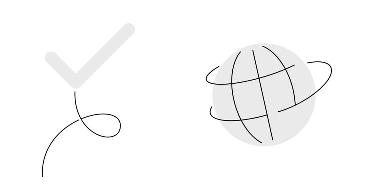 Two linear illustrations on a white background. On the left, a grey checkmark connected to a black looping line. On the right, a globe created from a grey sphere encircled by a black looping line.