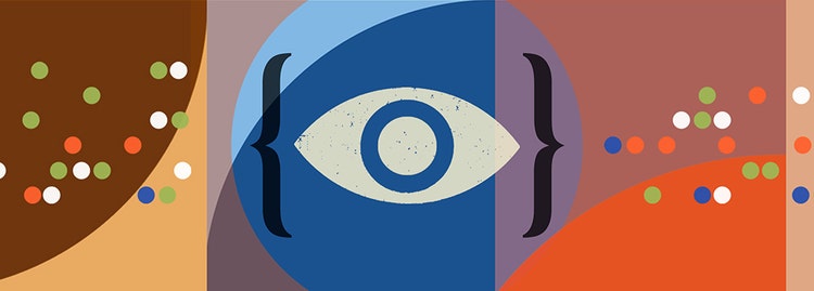 A stylized pale yellow eye icon is enclosed in black curly brackets is surrounded by an abstract pattern of multicolored dots on a background of overlapping geometric shapes in shades of brown, red, orange, and blue.