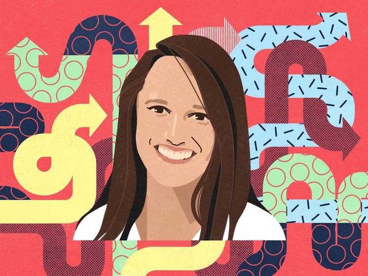 An illustrative portrait of a white woman with long brown hair, wearing a white T-shirt. The background is brick red with green, yellow, blue, and black looping, twisting, and interlocking arrows.