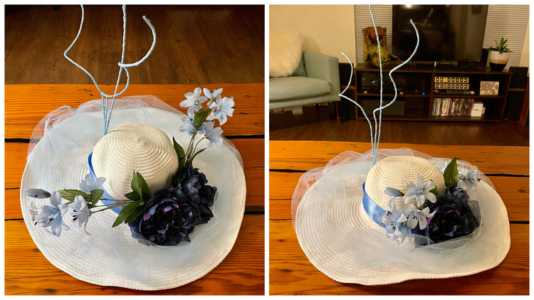 Two side-by-side photographs of the same white straw hat with light and dark blue silk flowers, light blue ribbon and taffeta, and wire spirals wrapped in light blue ribbon.