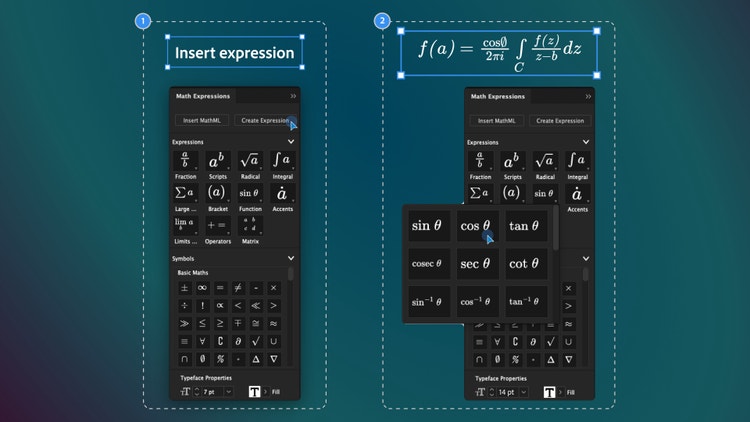 Two panels related to inserting mathematical expressions. The left panel is titled "Insert expression" and contains a dropdown menu labeled "Insert MathML." with options for various math expressions, including fractions, sums, integrals, and different symbols like Greek letters and basic math symbols. The right panel shows an example of a mathematical expression being inserted.