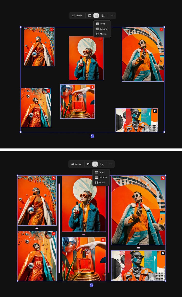 Two images stacked. Top: A collage of five different images randomly arranged on an artboard. Each image features a person dressed in vibrant, futuristic clothing with bold colors and patterns against an equally colorful and abstract background of geometric shapes and patterns. Bottom: The same five images but this time inside a bounding box and arranged in a formal columned grid. An overlay menu in the middle of the image includes the option to arrange in a grid of Rows, Columns or a Mosaic with Columns selected.