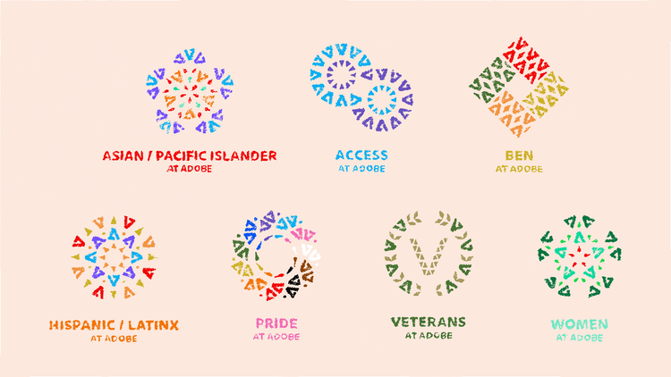 Two horizontal rows of vibrantly-colored brand icons for Adobe's employee networks (from left to right and top to bottom): Asian / Pacific Islander at Adobe, Access at Adobe, BEN at Adobe, Hispanic / Latinx at Adobe, Pride at Adobe, Veterans at Adobe, and Women at Adobe.