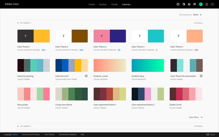 A screenshot of a Creative Cloud Library with multiple color themes marked with a Color Contrast Checked label and certification ratings of AA or AAA in blue text.