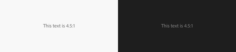 The same gray text at 4.5:1 contrast on a white background (left) and on a black background (right).