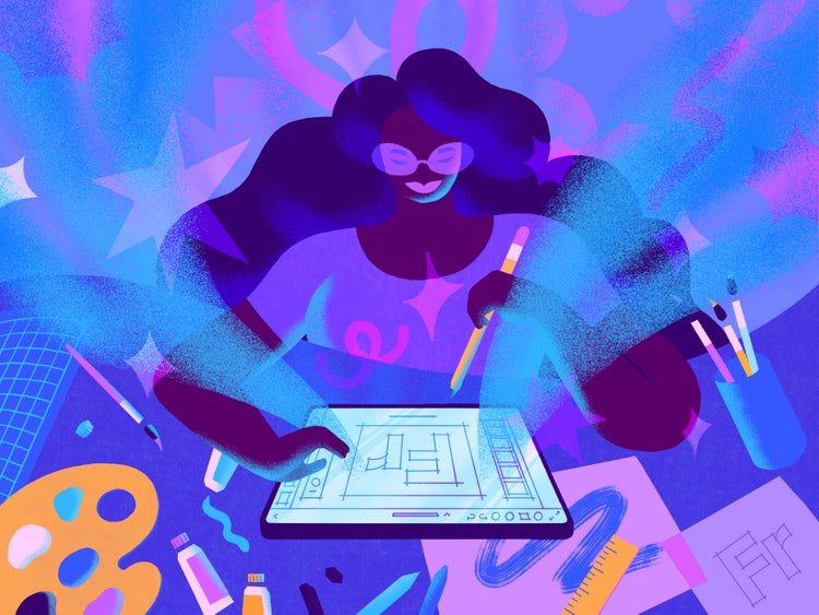 Clouds of pink and purple and blue are the background to an artist who's pushed aside her paints, brushes, and palette to draw on an iPad.
