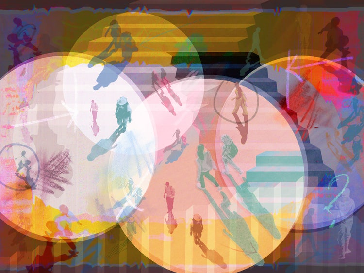 An abstract collage of overlapping translucent circles and geometric steps in warm pink, orange, and yellow, and purple tones, with multiple semi-transparent silhouettes of people walking, standing, and casting long shadows. Some figures are circled, while faint arrows and layered textures suggest movement, observation, and shifting paths within a crowded, conceptual space.