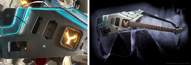 A side‑by‑side image shows the construction and final form of a custom electric guitar inspired by a sci‑fi time‑travel device. On the left, the unfinished guitar body is shown on a workbench, featuring glowing orange circuitry in a Y‑shaped pattern and open cutouts for components. On the right, the fully assembled guitar is displayed dramatically against a dark backdrop, with illuminated details, a digital readout labeled “088,” and stylized blue energy effects swirling around the instrument.