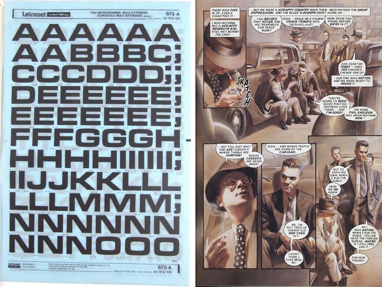 A split image shows a large Letraset sheet on the left, filled with bold black adhesive letters in multiple rows—from A through O—in a condensed sans‑serif style on a light blue background. On the right is a page from a comic book depicting a group of men wearing suits and fedoras and gathered around a vintage car on a city street. Two of the men are sitting on the cars running board and the other four are standing in a group nearby. All of the men are smoking.