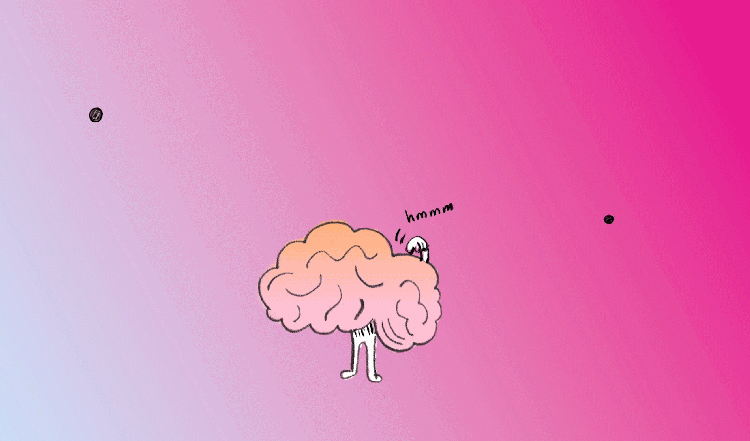 A GIF of an orange brain (with arms and legs) against a bright pink background. When a lightning bolt strikes the brain, a hand reaches out to catch a passing idea.