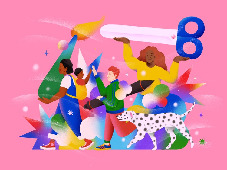 A digital illustration of four people and a Dalmation against a pink background. Clockwise from left: a woman carrying a torch; a woman waving, a woman holding up a giant pair of scissors; and a man carrying a giant pencil.