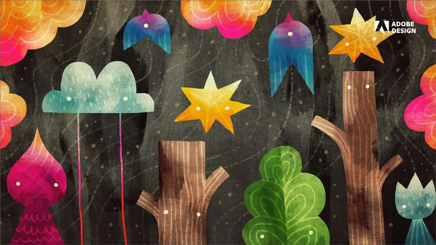 Whimsical tree stumps and bushes commune with stars, clouds, and birds in shades of watery blue, pink, yellow, and green against a  background of night.