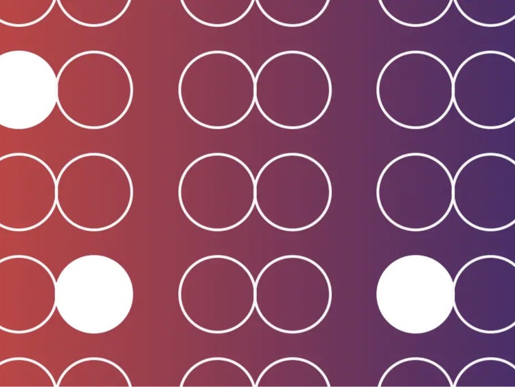 Three horizontal rows of pairs of circle outlines on a gradient background that transitions from terra cotta to purple.
