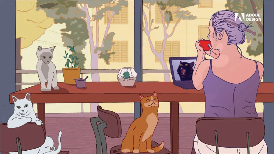 An illustration of a seated woman, drinking from a teacup and gazing out a cafe window, surrounded by four cats (one of them on her laptop screen).